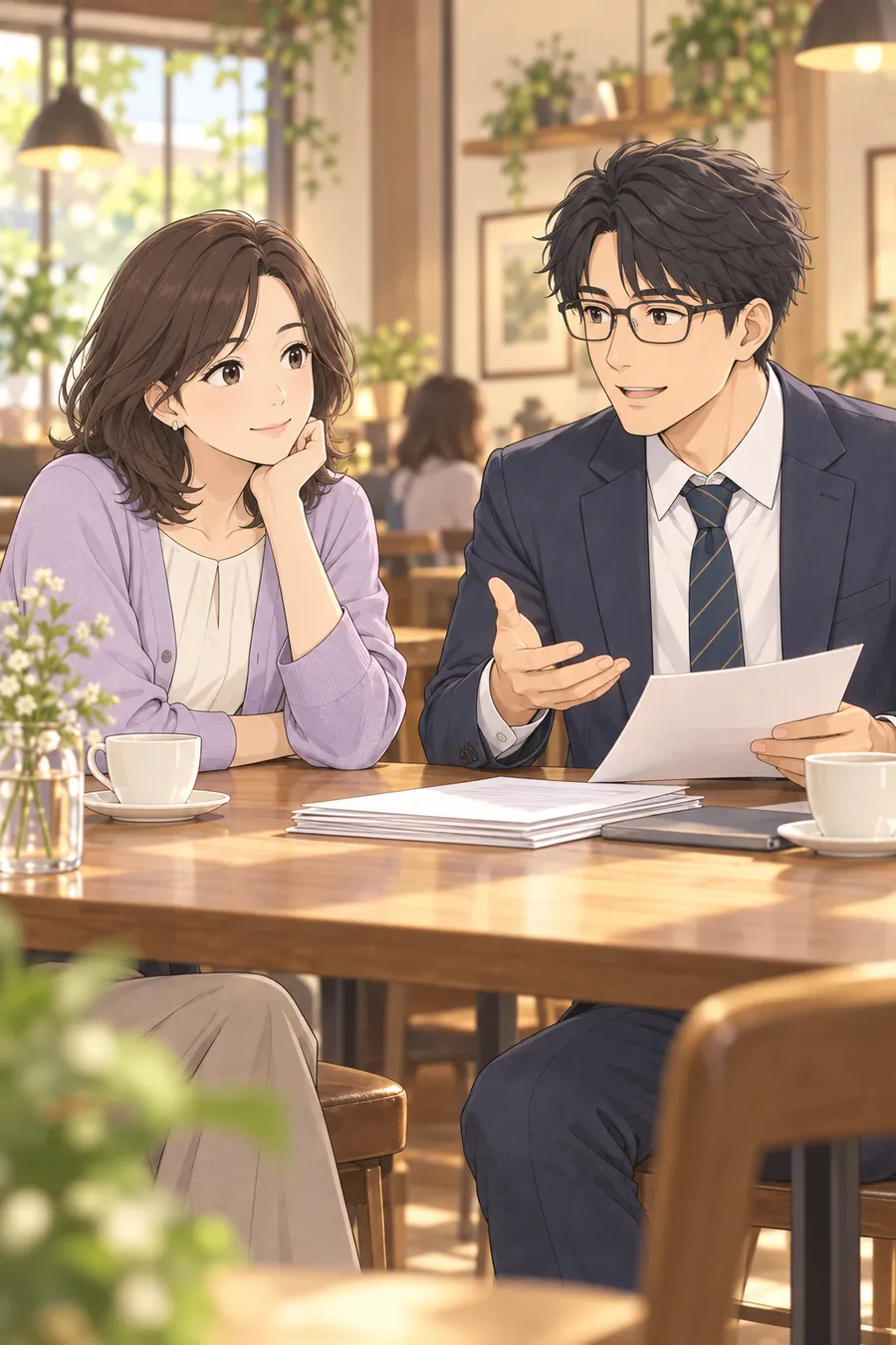 カフェでミナとケンが向かい合って座る。テーブルに書類の束。