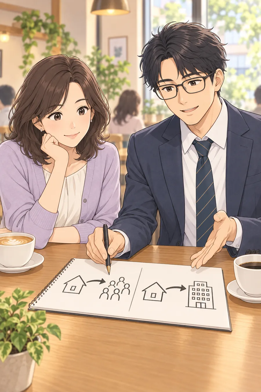 ケンが紙に2本の矢印を描いて説明している(矢印のみ・文字なし)。左は家から人々へ、右は家から1つの建物へ。