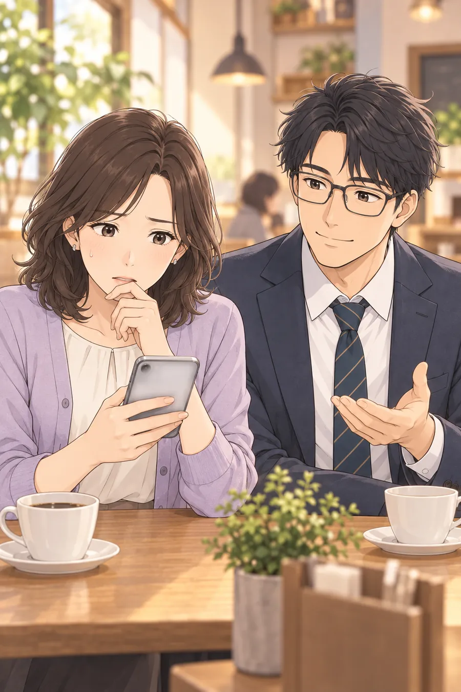 ミナがスマホで検索している。画面はぼかし(文字なし)。ミナの表情は不安。