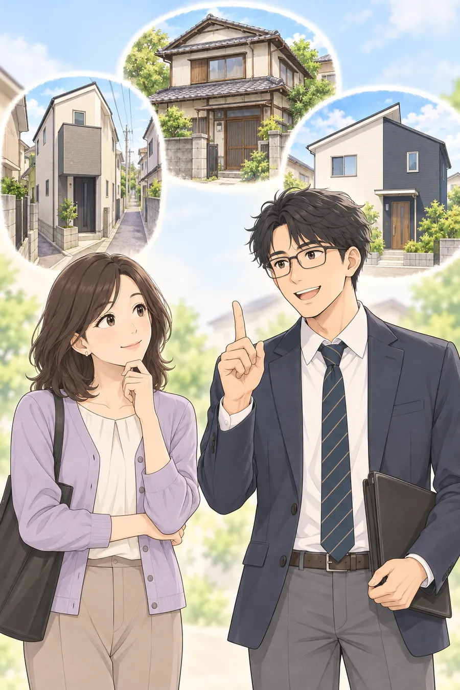 ケンが指を1本立てる。背景に、細い道の家・古い家・半分に色分けされた家が並ぶ。