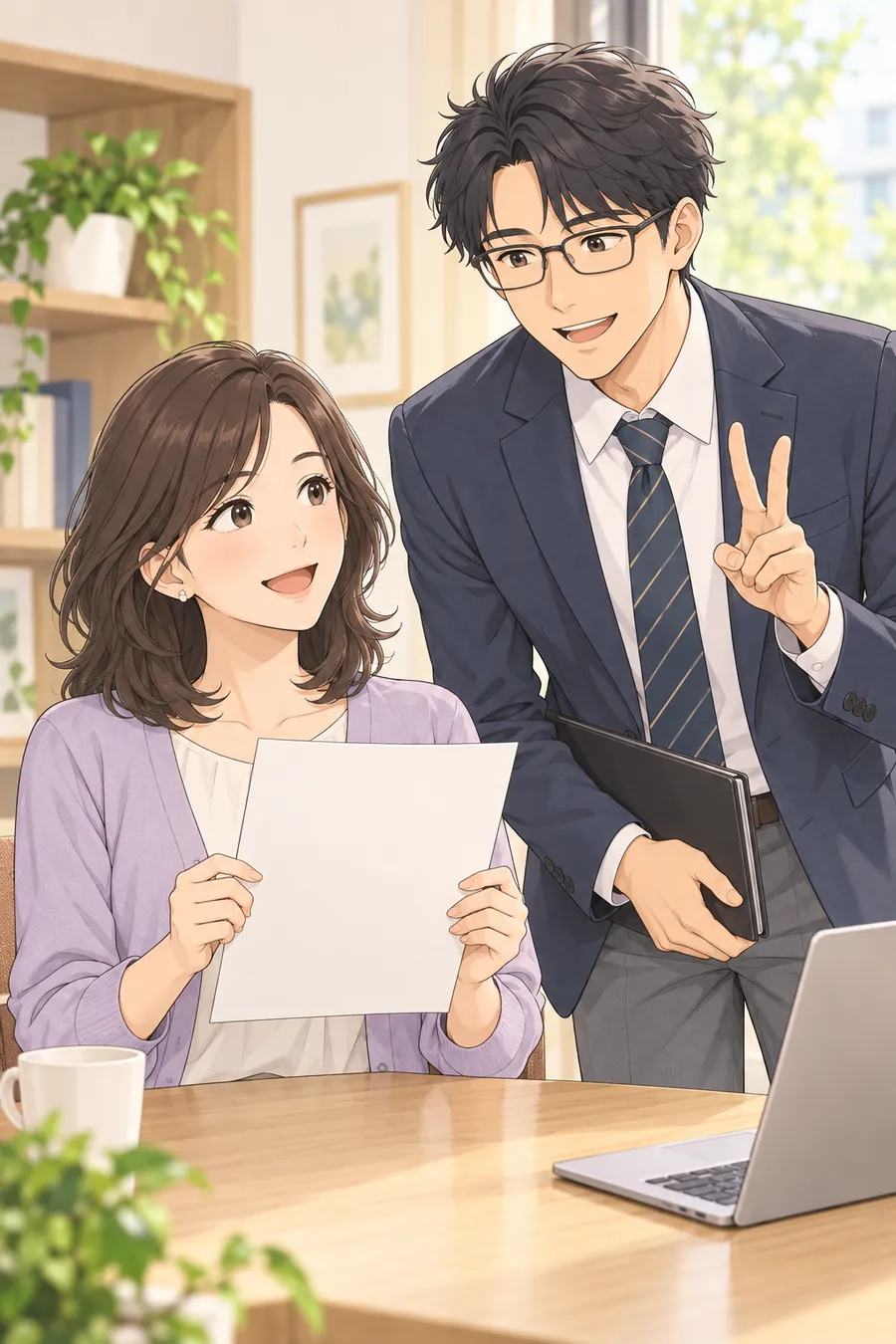 ケンが指を2本立てる。ミナが文字のない査定書のイメージを手に持っている。