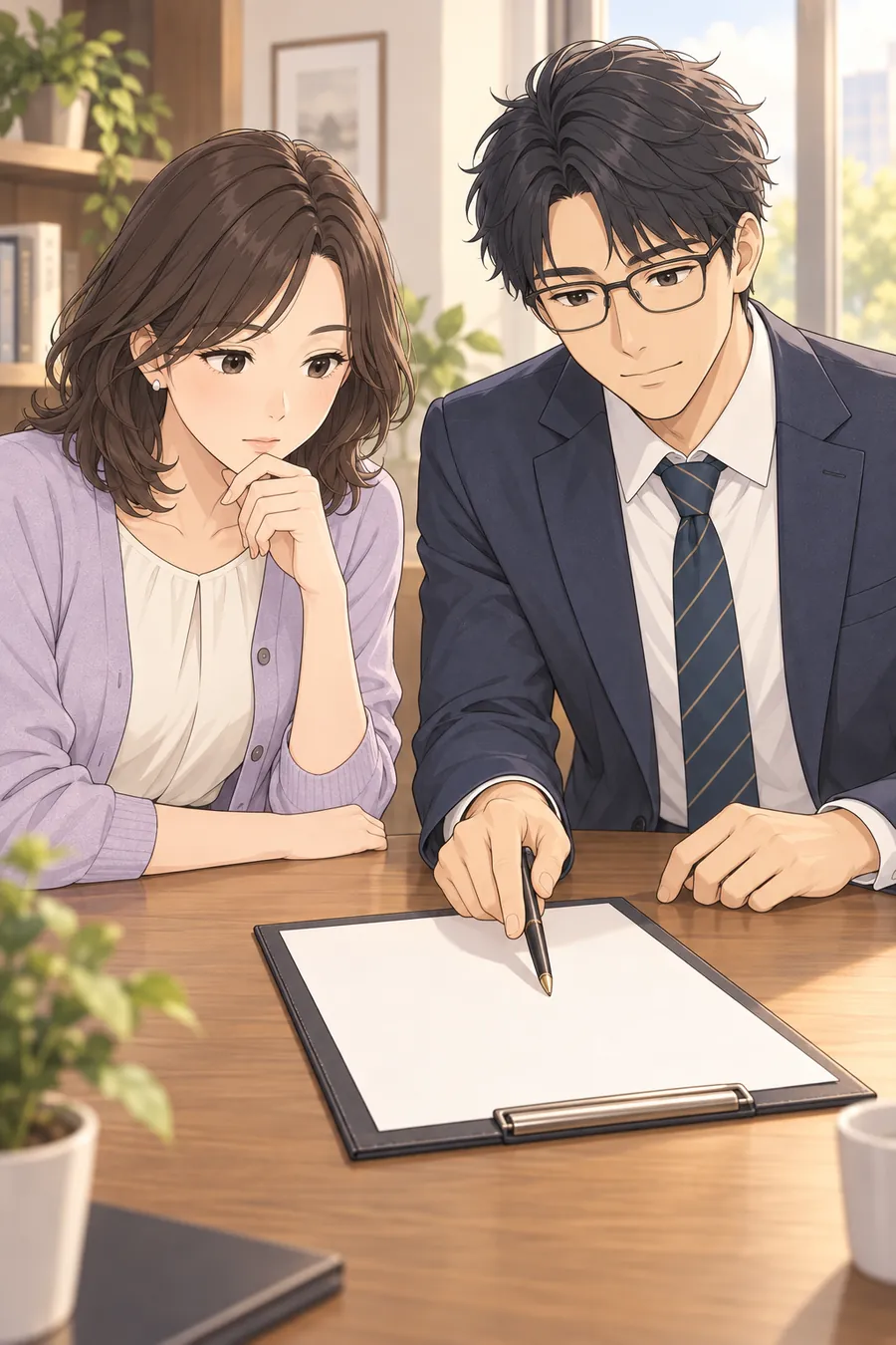 ミナとケンが文字のない契約書をのぞき込んでいる。ケンがペンで1か所を指す。